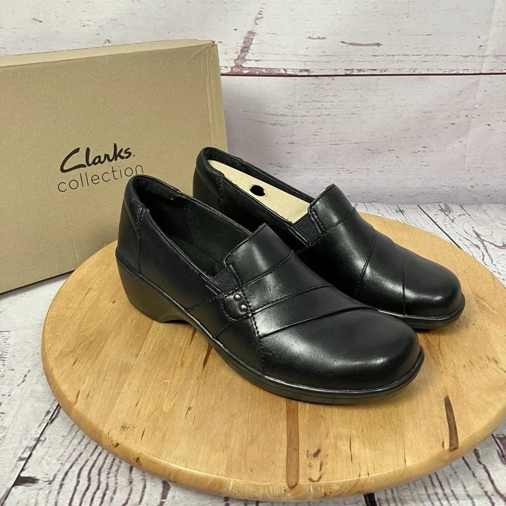 Clarks May Marigold Black Leather Slip On Comfort Shoes Low Wedge Sz 7M NWT